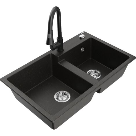 Mexen Tomas fregadero de granito 2 senos con grifo de cocina Elia, negro/dorado met谩lico - 6516-75-670101-70