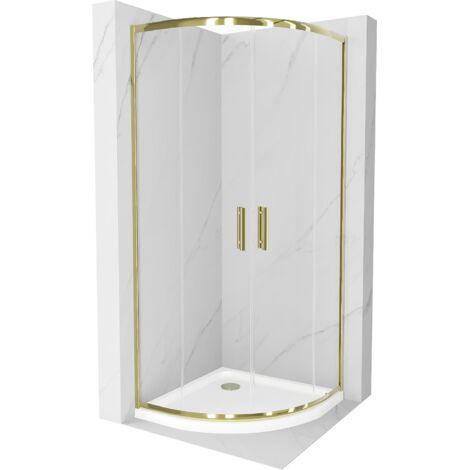 Mexen Rio cabina de ducha semicircular 80 x 80 cm, transparente, dorado + plato de ducha Flat, blanco - 863-080-080-50-00-4110G