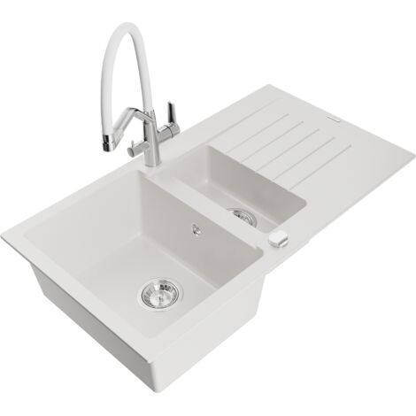 Mexen Matias fregadero de granito 1,5 senos con escurridor y grifo de cocina Duo, blanco - 6502-20-671701-02 (1/5)
