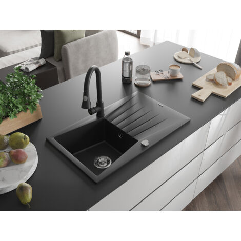 VBChome Fregadero de granito gris, 77 x 44 cm, empotrable, reversible, con sifón