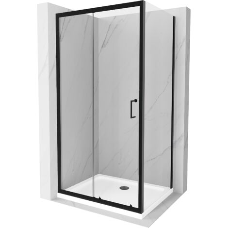 Mexen Apia cabina de ducha corredera 140 x 70 cm, transparente, negra + plato de ducha Flat, blanco- 840-140-070-70-00-4010B