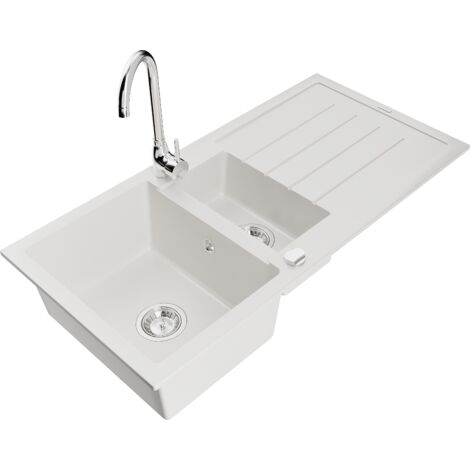 Mexen Andres fregadero de granito de 1,5 senos con escurridor y grifo de cocina Telma, blanco - 6515-20-670200-00
