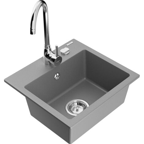 Mexen Milo fregadero de granito de 1 cubeta con grifo de cocina Telma, gris - 6505-71-670200-00 (1/5)