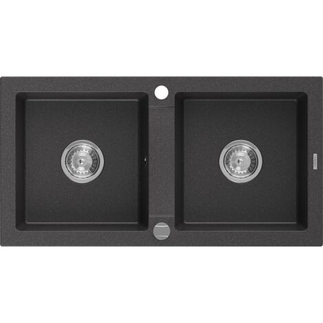 Mexen Mario fregadero de granito de 2 compartimentos 820 x 436 mm, negro moteado, sif贸n cromado - 6504822000-76