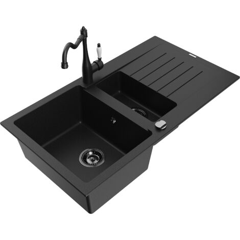 Mexen Matias fregadero de granito 1,5 cuencas con escurridor y grifo de cocina Carla, negro - 6502-77-670700-70-B (1/5)