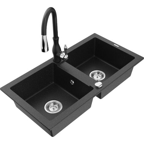 Mexen Mario fregadero de granito 2 cubetas con grifo de cocina Savita, negro/met谩lico plateado - 6504-73-672601-70 (1/5)