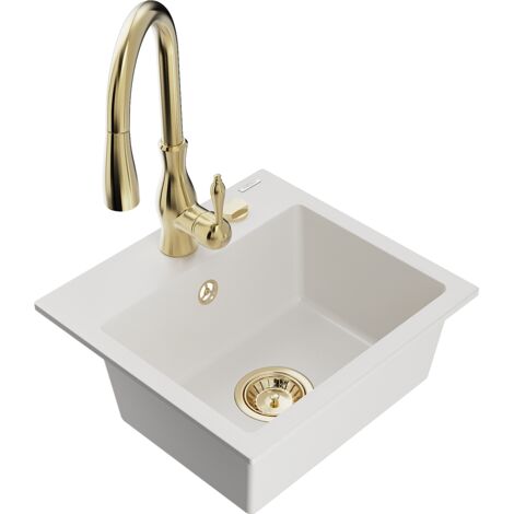 Mexen Milo fregadero de granito de 1 cubeta con grifo de cocina Savita, blanco - 6505-20-672601-50 (1/5)
