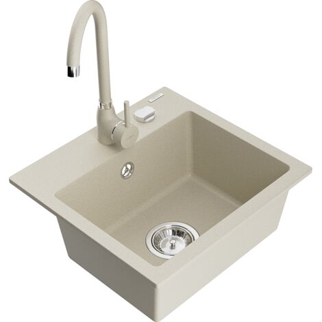 Mexen Milo fregadero de granito de 1 compartimento con grifo de cocina Telma, beige - 6505-69-670200-69
