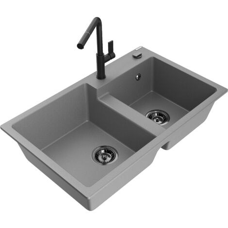 Mexen Tomas fregadero de granito de 2 compartimentos con grifo de cocina Flora, gris - 6516-71-670401-70-B (1/5)