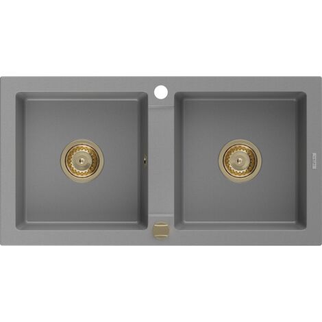 Mexen Mario fregadero de granito 2 senos 820 x 436 mm, gris, sif贸n dorado - 6504822000-71-G