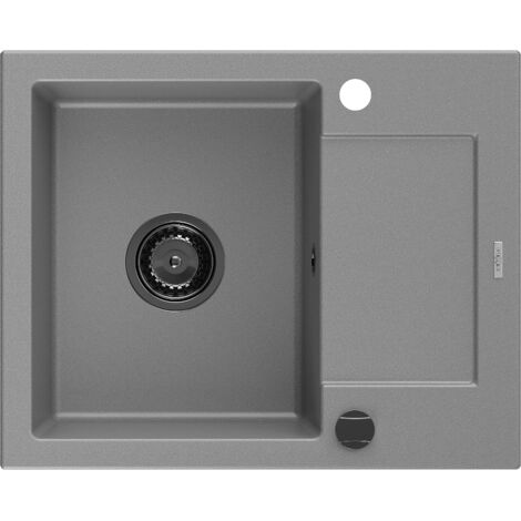 Mexen Enzo fregadero de granito de 1 cubeta con escurridor 576 x 465 mm, gris, sif贸n negro - 6506571005-71-B (1/5)