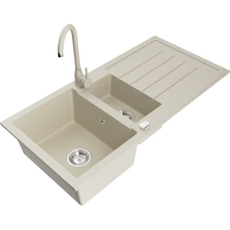 Mexen Andres fregadero de granito de 1,5 senos con escurridor y grifo de cocina Telma, beige - 6515-69-670200-69