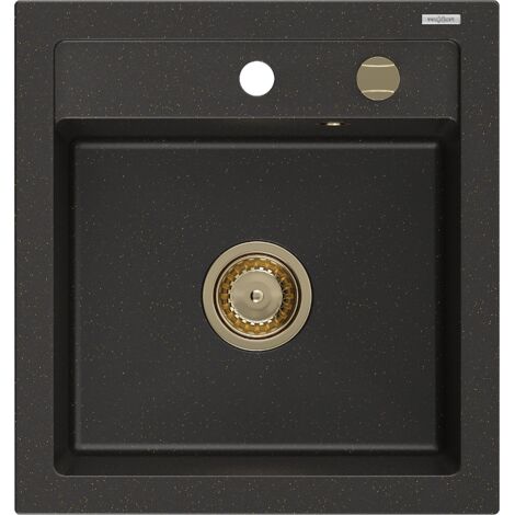 Mexen Vito fregadero de granito de 1 cubeta 520 x 490 mm, negro/dorado met谩lico, sif贸n dorado - 6503521000-75-G (1/5)