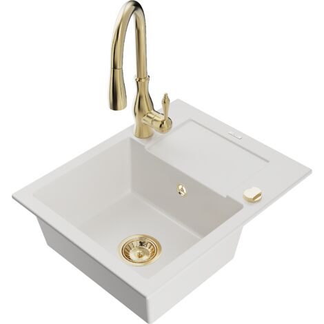 Mexen Enzo fregadero de granito de 1 cubeta con escurridor y grifo de cocina Savita, blanco - 6506-20-672601-50 (1/5)
