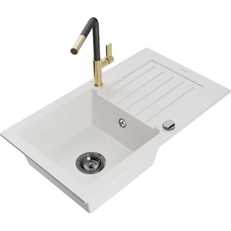 Mexen Pablo fregadero de granito de 1 seno con escurridor y grifo de cocina Flora, blanco - 6510-20-670401-57-B (1/5)
