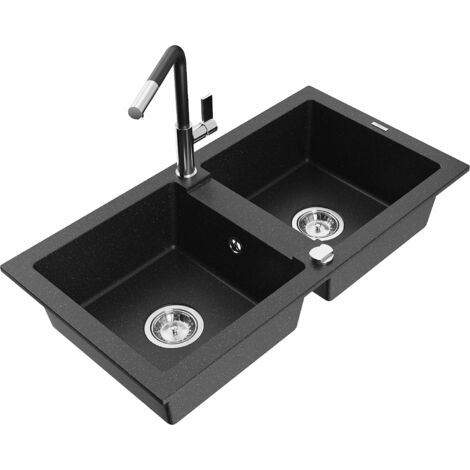 Mexen Mario fregadero de granito de 2 compartimentos con grifo de cocina Flora, negro/met谩lico plateado - 6504-73-670401-07 (1/5)
