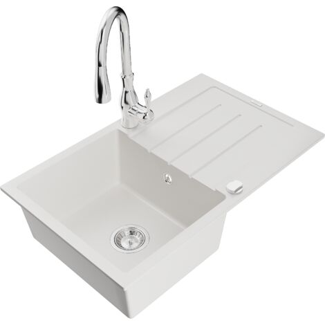 Mexen Bruno fregadero de granito de 1 cubeta con escurridor y grifo de cocina Savita, blanco - 6513-20-672601-00 (1/5)