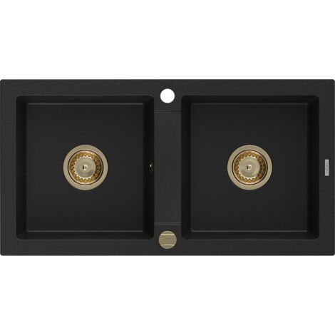 Mexen Mario fregadero de granito 2 c谩maras 820 x 436 mm, negro, sif贸n dorado - 6504822000-77-G (1/5)
