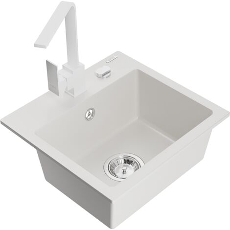 Mexen Milo fregadero de granito de 1 compartimento con grifo de cocina Rita, blanco - 6505-20-670300-20 (1/5)