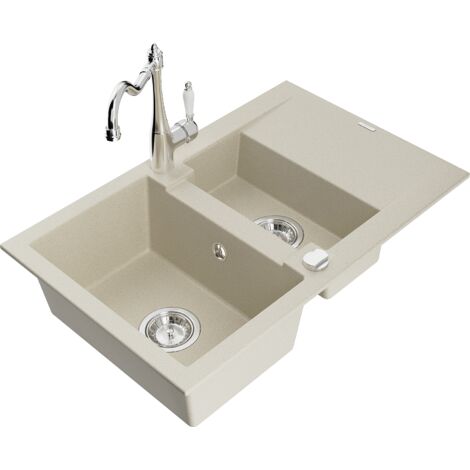 Mexen Gaspar fregadero de granito de 1,5 senos con escurridor y grifo de cocina Carla, beige - 6507-69-670700-00 (1/5)