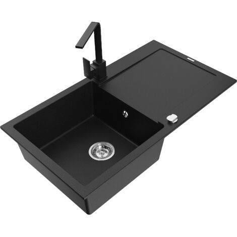 Mexen Leo fregadero de granito 1-cubeta con escurridor y grifo de cocina Rita, negro - 6501-77-670300-70 (1/5)