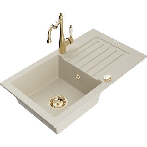 Mexen Pablo fregadero de granito de 1 seno con escurridor y grifo de cocina Carla, beige - 6510-69-670700-50