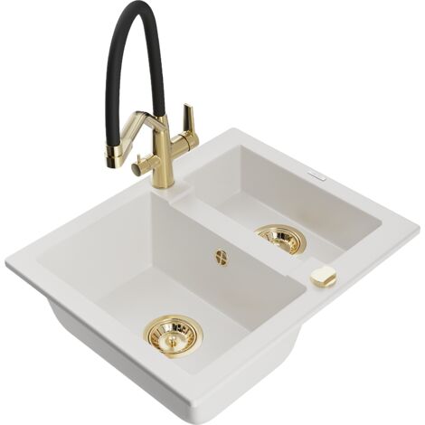 Mexen Carlos fregadero de granito de 1,5 senos con grifo de cocina Duo, blanco - 6518-20-671701-57-G (1/5)