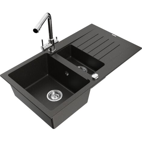 Mexen Matias fregadero de granito de 1,5 senos con escurridor y grifo de cocina Duero, negro/dorado met谩lico (1/5)