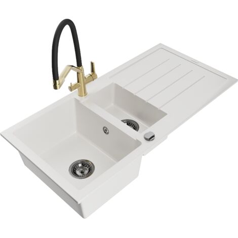Mexen Andres fregadero de granito 1,5 cubetas con escurridor y grifo de cocina Duo, blanco - 6515-20-671701-57-B (1/5)