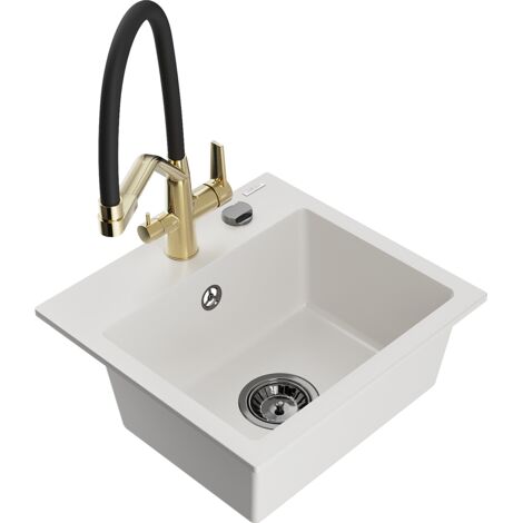 Mexen Milo fregadero de granito de 1 recipiente con grifo de cocina Duo, blanco - 6505-20-671701-57-B (1/5)