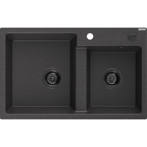 Mexen Tomas fregadero de granito de 2 senos 800 x 500 mm, negro moteado, sif贸n negro - 6516802000-76-B