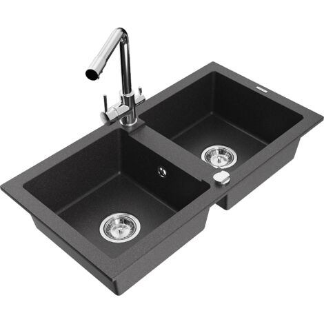 Mexen Mario fregadero de granito de 2 senos con grifo de cocina Duero, negro moteado - 6504-76-671600-00 (1/5)