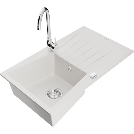 Mexen Cesar fregadero de granito de 1 cubeta con escurridor y grifo de cocina Telma, blanco - 6514-20-670200-00 (1/5)