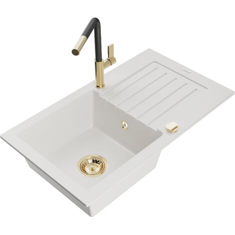 Mexen Pablo fregadero de granito de 1 cubeta con escurridor y grifo de cocina Flora, blanco - 6510-20-670401-57-G (1/5)