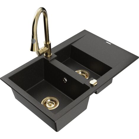 Mexen Gaspar fregadero de granito 1,5 tazones con escurridor y grifo de cocina Elia, negro/dorado met谩lico - 6507-75-670101-50 (1/5)