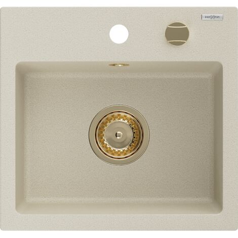 Mexen Milo fregadero de granito de 1 cuenco 435 x 410 mm, beige, sif贸n dorado - 6505441000-69-G (1/5)