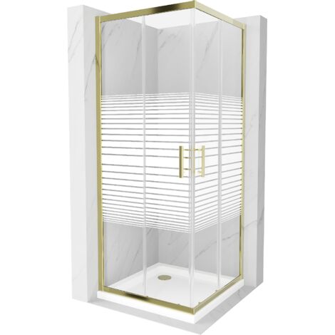 Mexen Rio cabina de ducha cuadrada 80 x 80 cm, rayas blancas, oro + plato de ducha Flat, blanco - 860-080-080-50-20-4010G