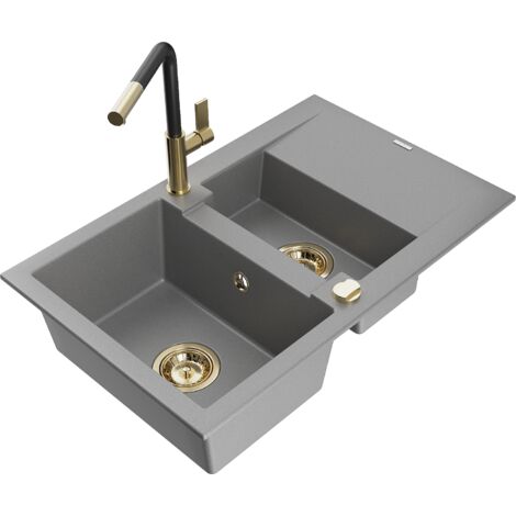 Mexen Gaspar fregadero de granito 1,5-bolsillos con escurridor y grifo de cocina Flora, gris - 6507-71-670401-57-G (1/5)