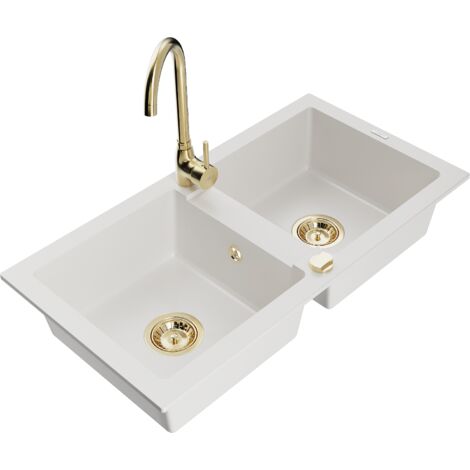 Mexen Mario fregadero de granito de 2 compartimentos con grifo de cocina Telma, blanco - 6504-20-670200-50