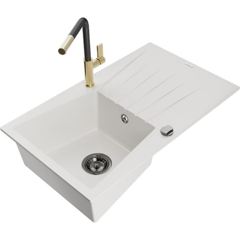 Mexen Cesar fregadero de granito de 1 compartimento con escurridor y grifo de cocina Flora, blanco - 6514-20-670401-57-B (1/5)
