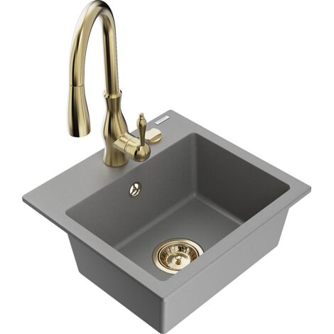 Mexen Milo fregadero de granito de 1 cubeta con grifo de cocina Savita, gris - 6505-71-672601-50 (1/5)