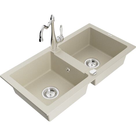 Mexen Mario fregadero de granito de 2 senos con grifo de cocina Carla, beige - 6504-69-670700-00 (1/5)
