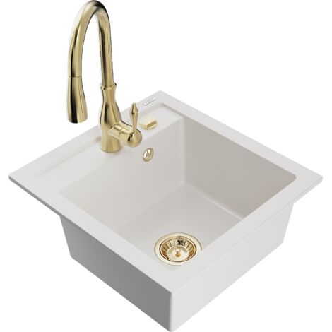 Mexen Vito fregadero de granito de una cubeta con grifo de cocina Savita, blanco - 6503-20-672601-50 (1/5)