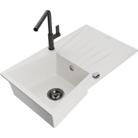 Mexen Cesar fregadero de granito de 1 cubeta con escurridor y grifo de cocina Flora, blanco - 6514-20-670401-70-B (1/5)