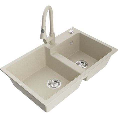 Mexen Tomas fregadero de granito de 2 senos con grifo de cocina Elia, beige - 6516-69-670101-69