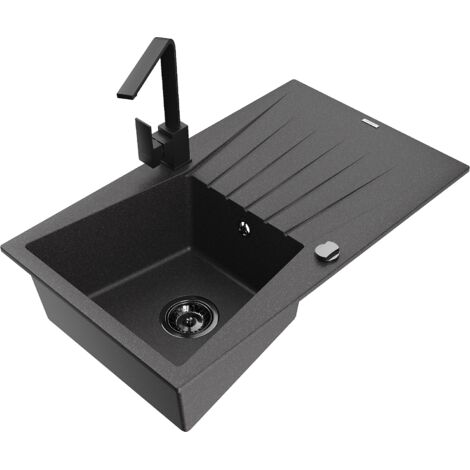 Mexen Cesar fregadero de granito de 1 cubeta con escurridor y grifo de cocina Rita, negro moteado - 6514-76-670300-70-B (1/5)
