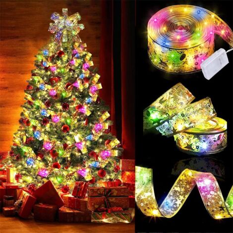 Weihnachten Lichterkette Bänder 10m Weihnachtsband Weihnachtsbaum LED Lichter Bunt Weihnachtslichter Dekoband Christbaum Deko Glänzende Band DIY Schleifenband Weihnachtsdeko für Innen Außen Gold