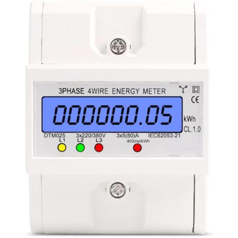 Dreiphasiger 4-Leiter-Energiezähler, 220/380 V, 5–80 A, Stromverbrauch, kWh-Zähler, DIN-Schienen-Installation, digitaler elektrischer Energiezähler mit hintergrundbeleuchtetem LCD-Display, weiß (1/5)
