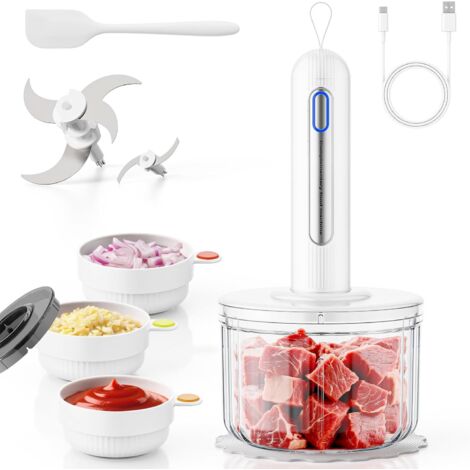 Kabelloser Zerkleinerer Küche Elektrisch, 4000mAh Multizerkleinerer mit USB-C Aufladung, 1.5L Glas & 3x 100ml Schalen, 5 Edelstahlklingen für Fleisch, Gemüse, Babynahrung (1/5)