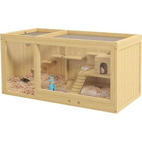 Hamsterkäfig Holz Kleintierstall, Spielhaus für Gerbils, mit Schaukeln, Leitern, zu öffnendem Dach, Hütte, 100cm, Natur